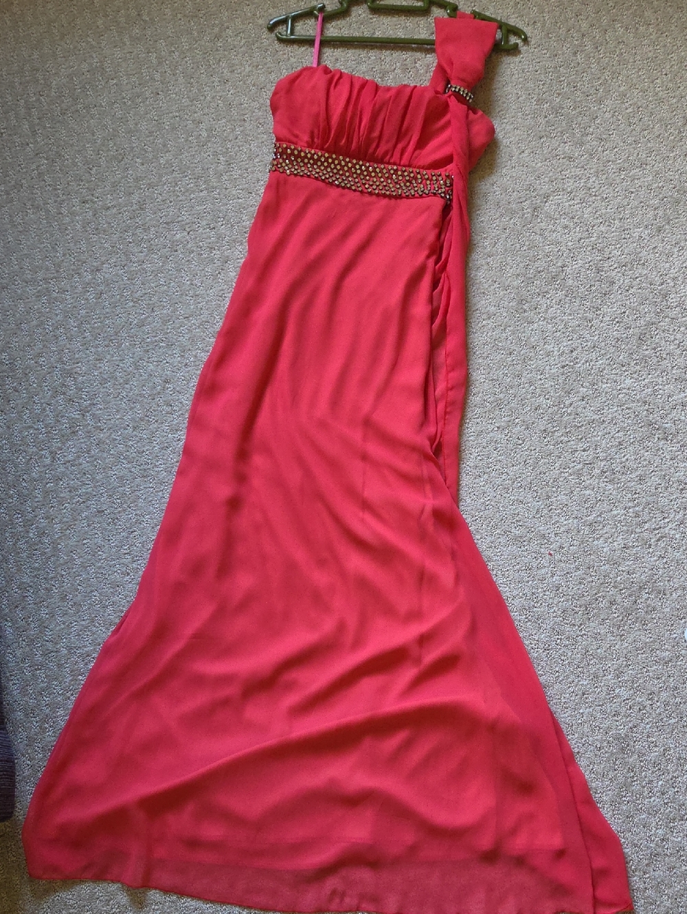 Strapless Coral Evening Gown with Beaded Waist